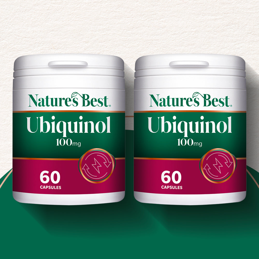 Two containers of Nature's Best Ubiquinol 100mg capsules on a gradient background