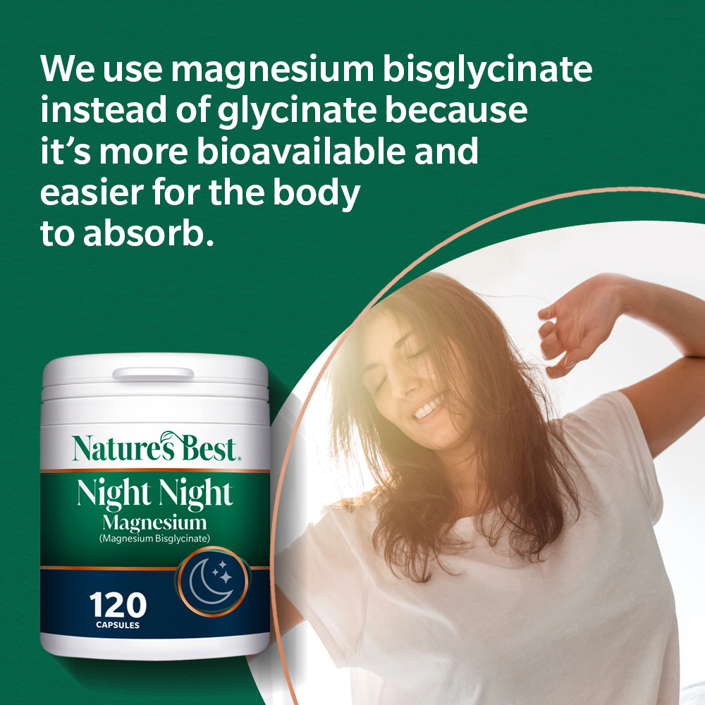 Nature's Best Night Night Magnesium supplement container with a woman stretching in the background on a green background.