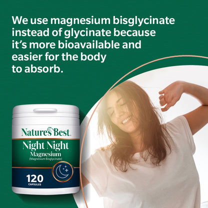 Nature's Best Night Night Magnesium supplement container with a woman stretching in the background on a green background.