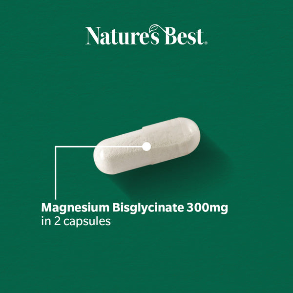 Nature's Best magnesium bisglycinate 300mg capsule on a green background