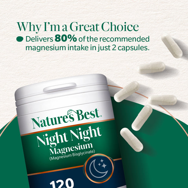 Nature's Best Night Night Magnesium supplement container with pills on a light background