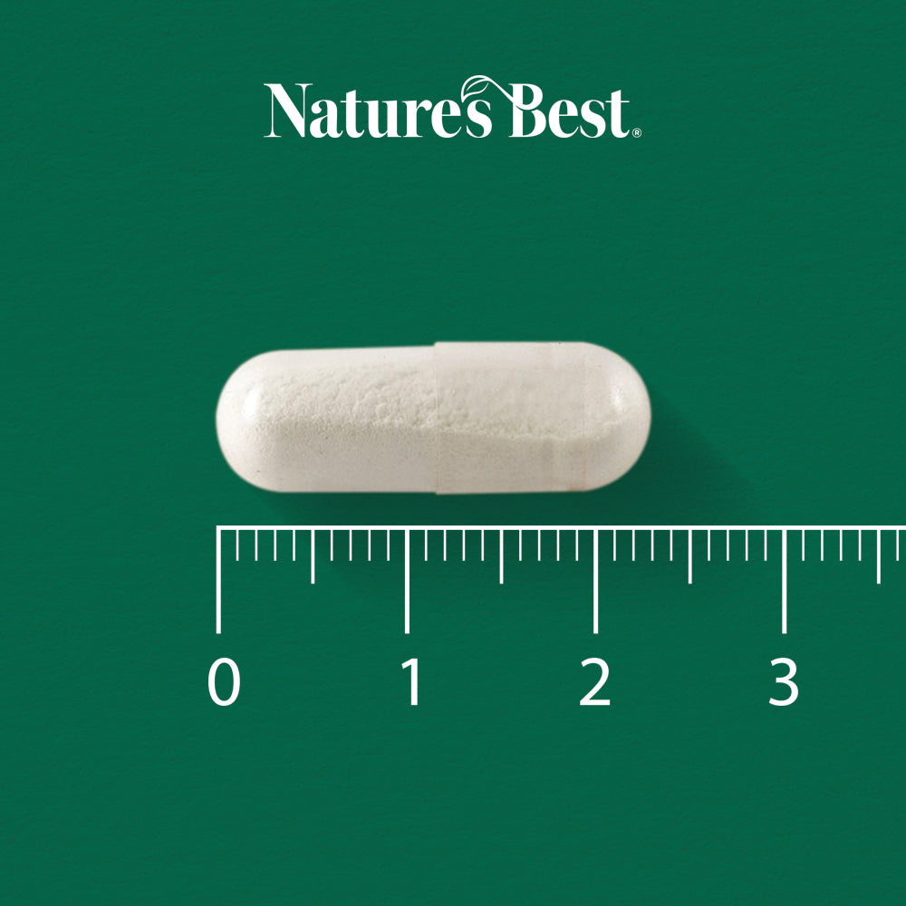 White capsule pill with a ruler and 'Natures Best' logo on a green background