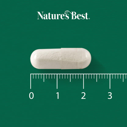 White capsule pill with a ruler and 'Natures Best' logo on a green background