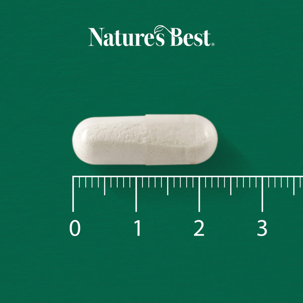White capsule pill with a ruler and 'Natures Best' logo on a green background