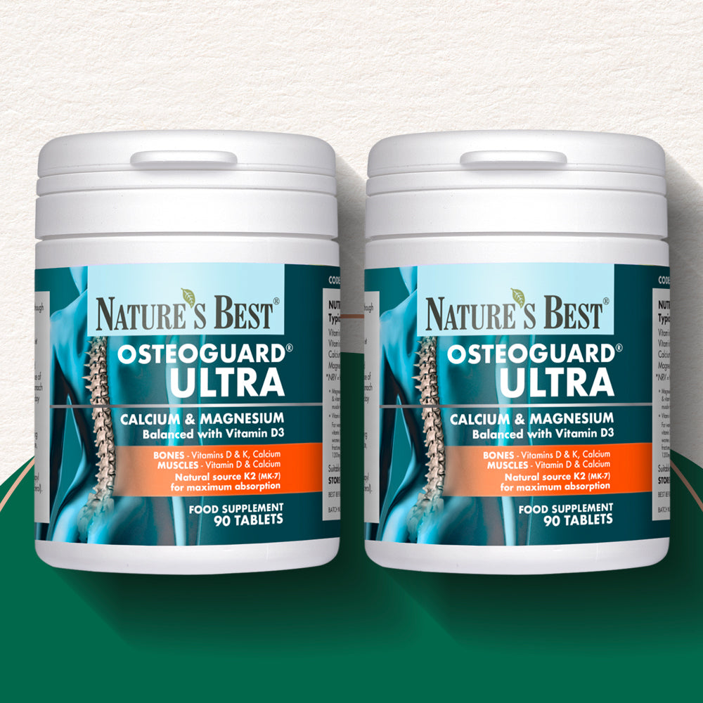 Two containers of Nature's Best Osteoguard Ultra supplement on a gradient background