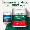Two containers of Nature's Best L-Arginine HCI supplements on a green and white background.