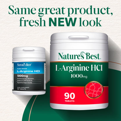 Two containers of Nature's Best L-Arginine HCI supplements on a green and white background.