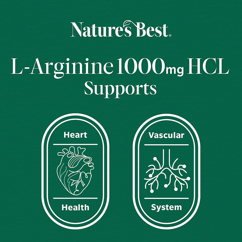 Advertisement for Nature's Best L-Arginine 1000mg HCL with icons of heart and vascular system on a green background.