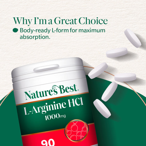 Nature's Best L-Arginine HCI supplement container with tablets on a light background