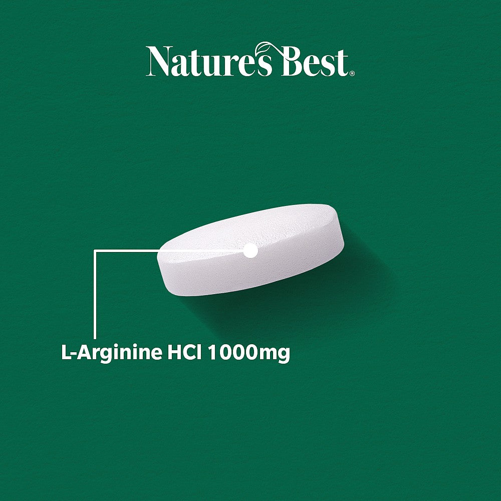 White capsule labeled 'L-Arginine HCl 1000mg' on a green background with 'Nature's Best' branding.