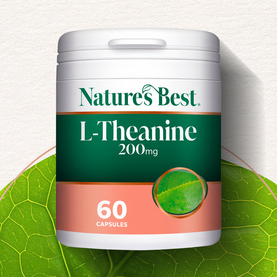 Nature's Best L-Theanine 200mg supplement container on a green leaf background