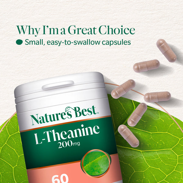 Nature's Best L-Theanine 200mg capsules on a green leaf with text about capsules.