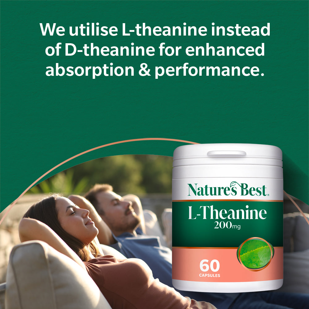 Nature's Best L-Theanine supplement container with text about enhanced absorption and performance on a green background.