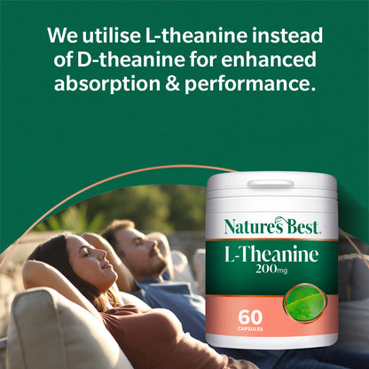 Nature's Best L-Theanine supplement container with text about enhanced absorption and performance on a green background.