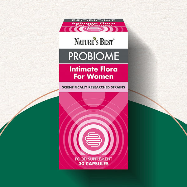 Nature's Best Probiome Intimate Flora for Women packaging on a white and green background