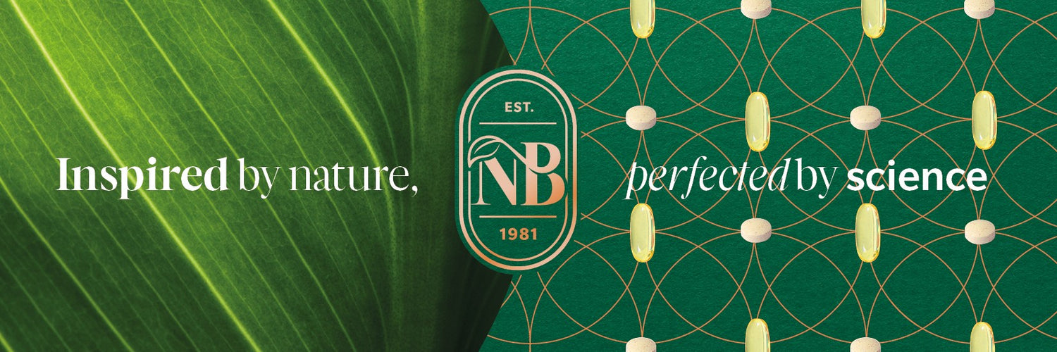 Green leaf with NB logo and text 'Inspired by nature, perfected by science' on a green background.
