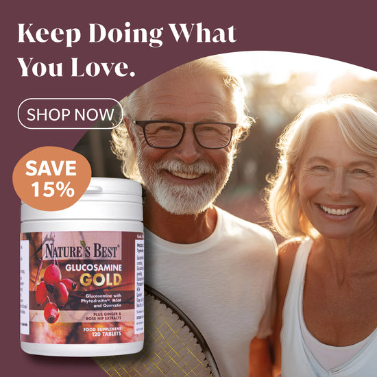 Advertisement for Nature's Best Glucosamine Gold supplement with an older couple holding hands outdoors.