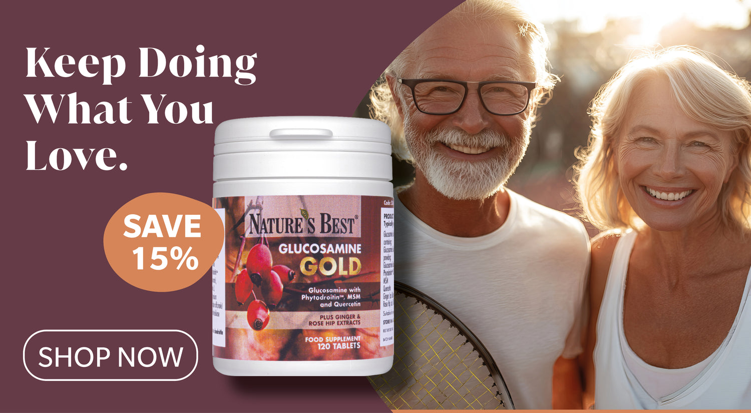 Nature's Best Glucosamine Gold supplement bottle with an elderly couple in the background, promoting a discount.