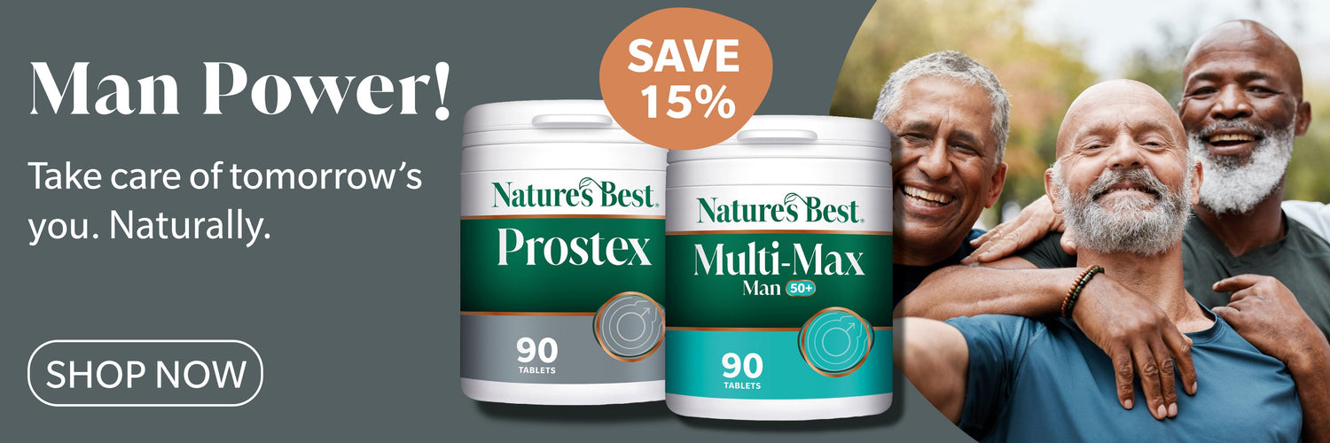 Advertisement for Nature's Best Prostex and Multi-Max with a group of men smiling.