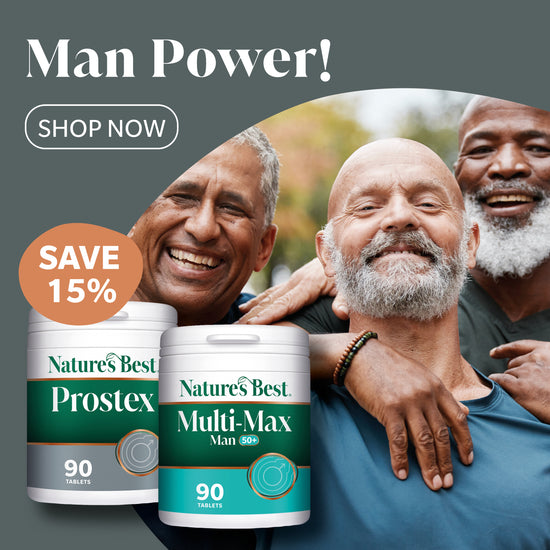 Advertisement for Nature's Best Prostex and Multi-Max Man supplements with three men hugging, featuring a 'Shop Now' button and 'Save 15%' offer.