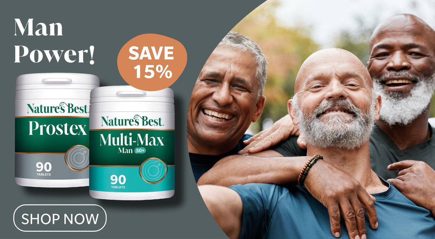 Advertisement for Nature's Best Prostex and Multi-Max Man with images of three men and a promotional offer.