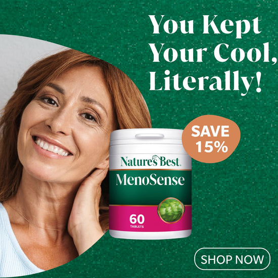 Advertisement for Nature's Best MenoSense with a woman holding the product and promotional text on a green background.