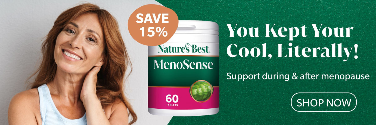 Advertisement for Nature's Best MenoSense supplement with a woman and product image on a green background.