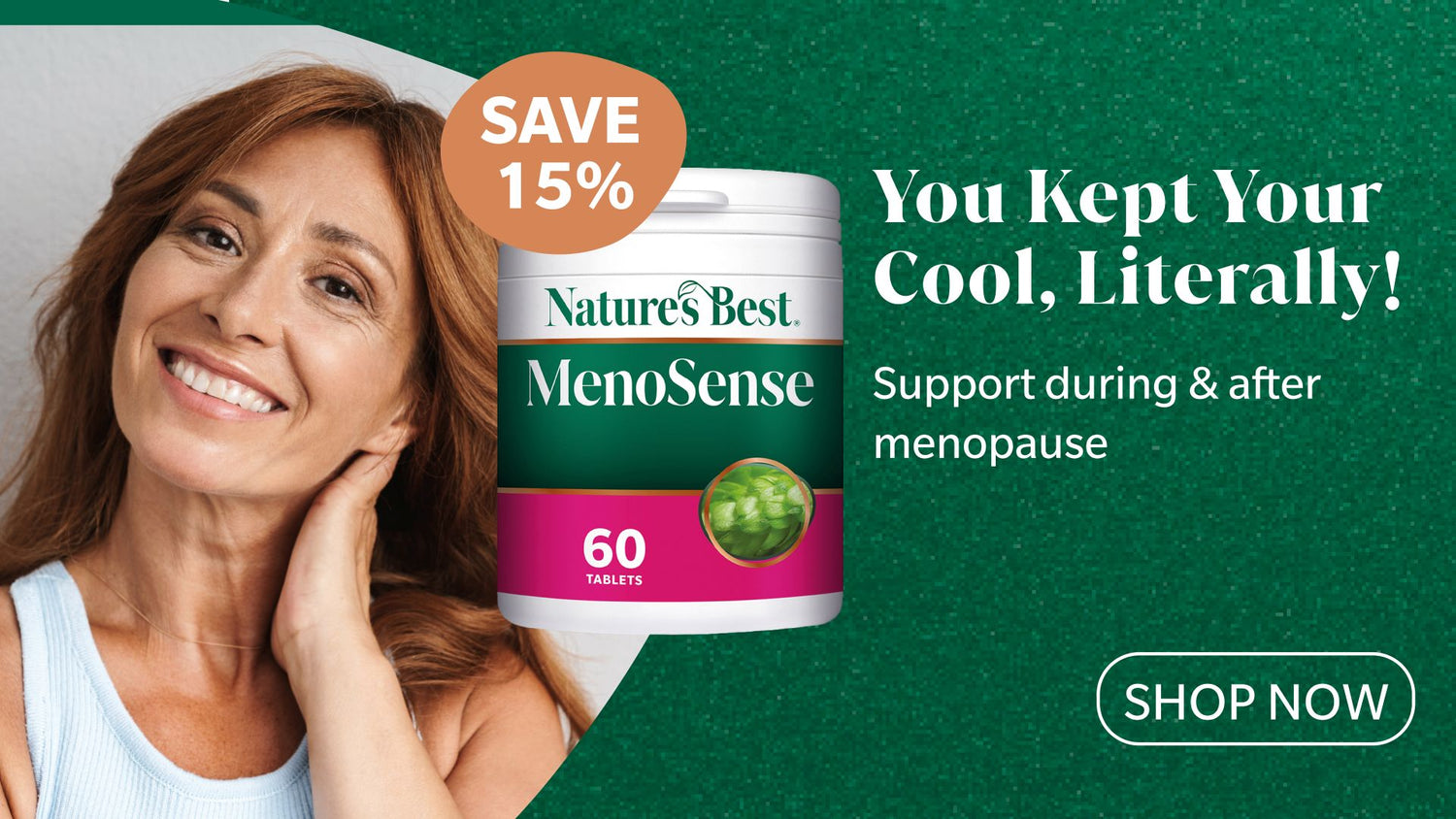 Advertisement for Nature's Best MenoSense supplement with a woman and promotional text on a green background.