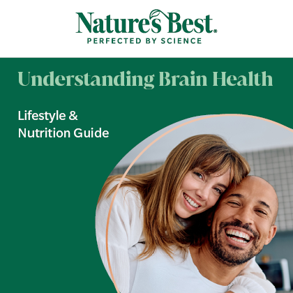 Cover of 'Understanding Brain Health' guide by Nature's Best with a couple smiling outdoors.