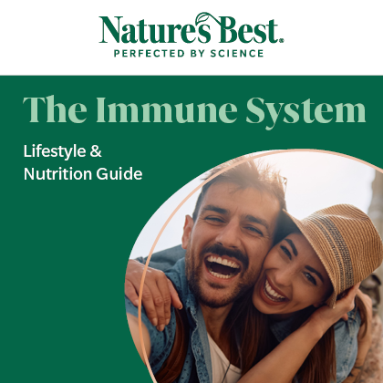 Cover of 'The Immune System' guide by Nature's Best with a couple smiling outdoors.